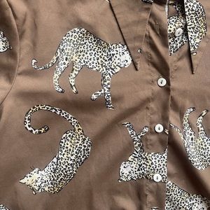 Leopard print top 3/4 sleeve button up blouse big cats